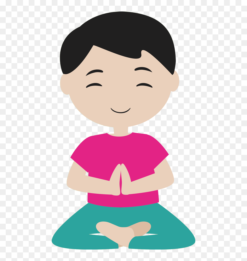 A smiling cartoon child in lotus pose with hands in prayer position, wearing pink shirt and teal pants.