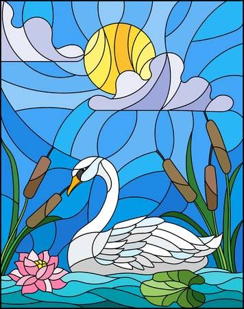 Stained-glass style illustration of a white swan on a blue pond with lotus, reeds, and a golden sun behind clouds.