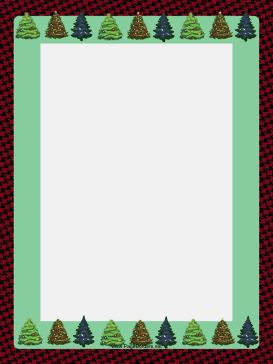 Festive Christmas border with green trees on red plaid background, framing a blank white space for text or photos.