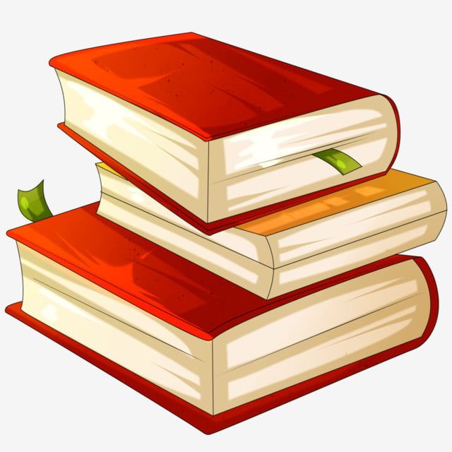 Stack of three illustrated hardcover books with red and orange covers and green bookmarks.