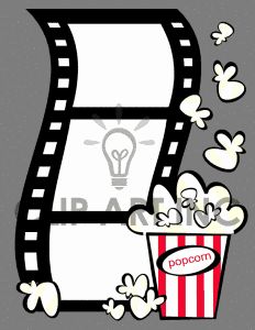 Film strip with lightbulb, popcorn bucket, and butterflies symbolizing movie ideas and entertainment.