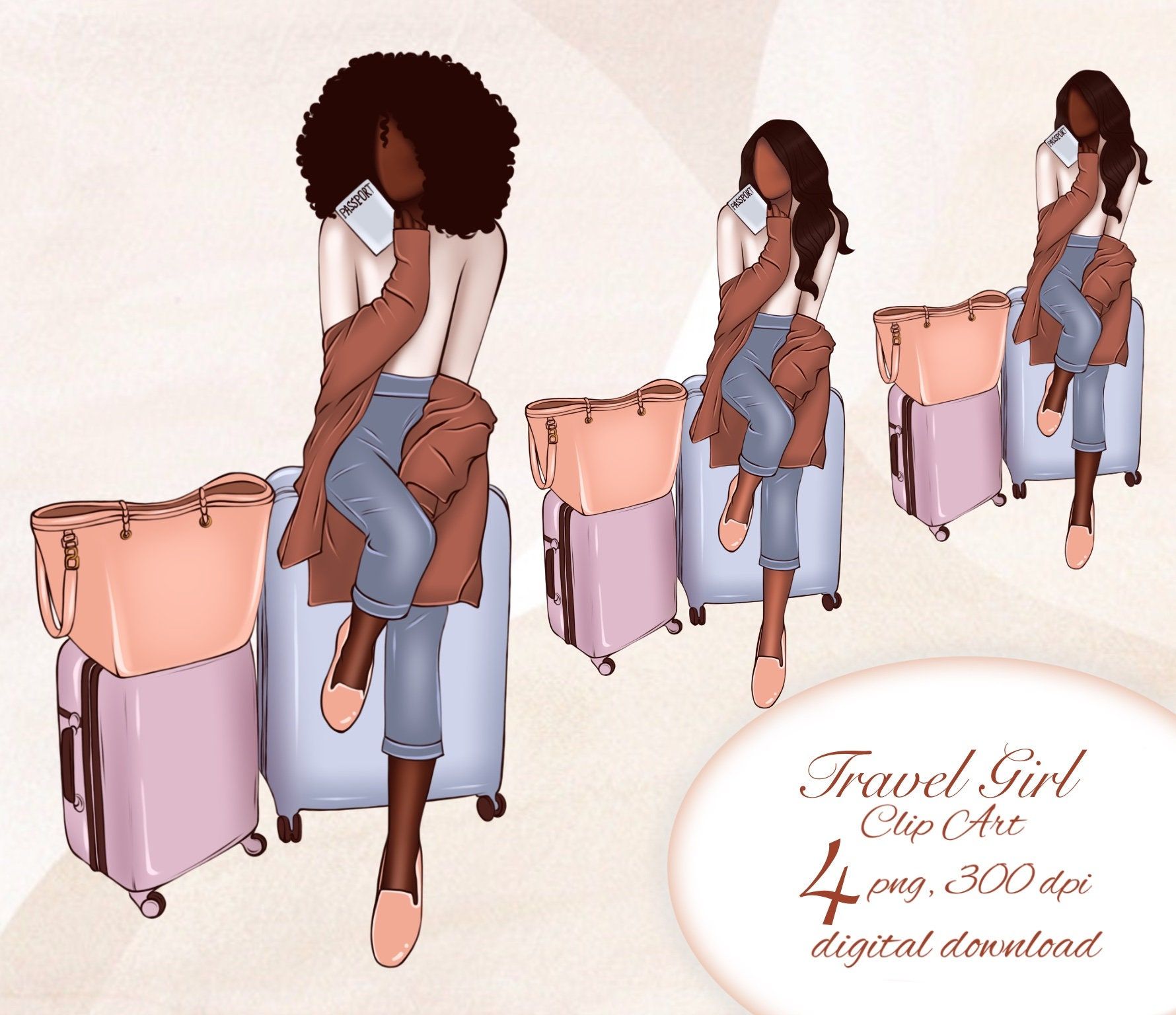 Travel Girl Clip Art - Stylish Black Women Travelers Digital Download