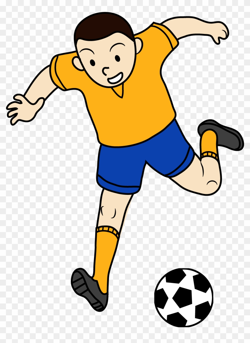 Cartoon boy in yellow shirt and blue shorts kicking a soccer ball with joyful expression.