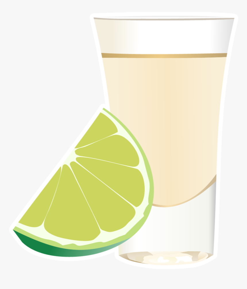 A clear shot glass filled with pale golden tequila, garnished with a vibrant green lime wedge on the side.