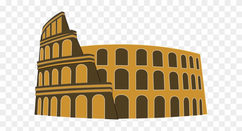 Stylized illustration of the Colosseum in Rome, featuring iconic arched tiers in golden and brown tones on transparent background.