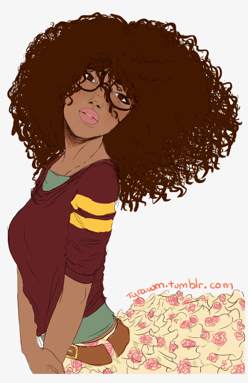 Illustrated Black woman with voluminous afro, glasses, maroon striped shirt, and floral skirt, posed confidently.