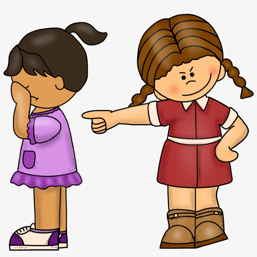A girl in red points accusingly at a sad girl in purple who covers her face with her hand.