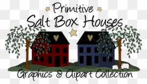 Primitive Salt Box Houses clipart collection with red and blue homes, trees, and decorative stars.