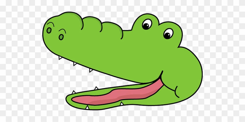 Friendly green cartoon alligator with open mouth, pink tongue, and smiling eyes on transparent background.