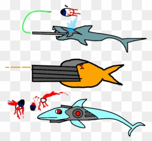 Three stylized cartoon fish with cybernetic enhancements and weapons, depicted in action poses against a transparent background.