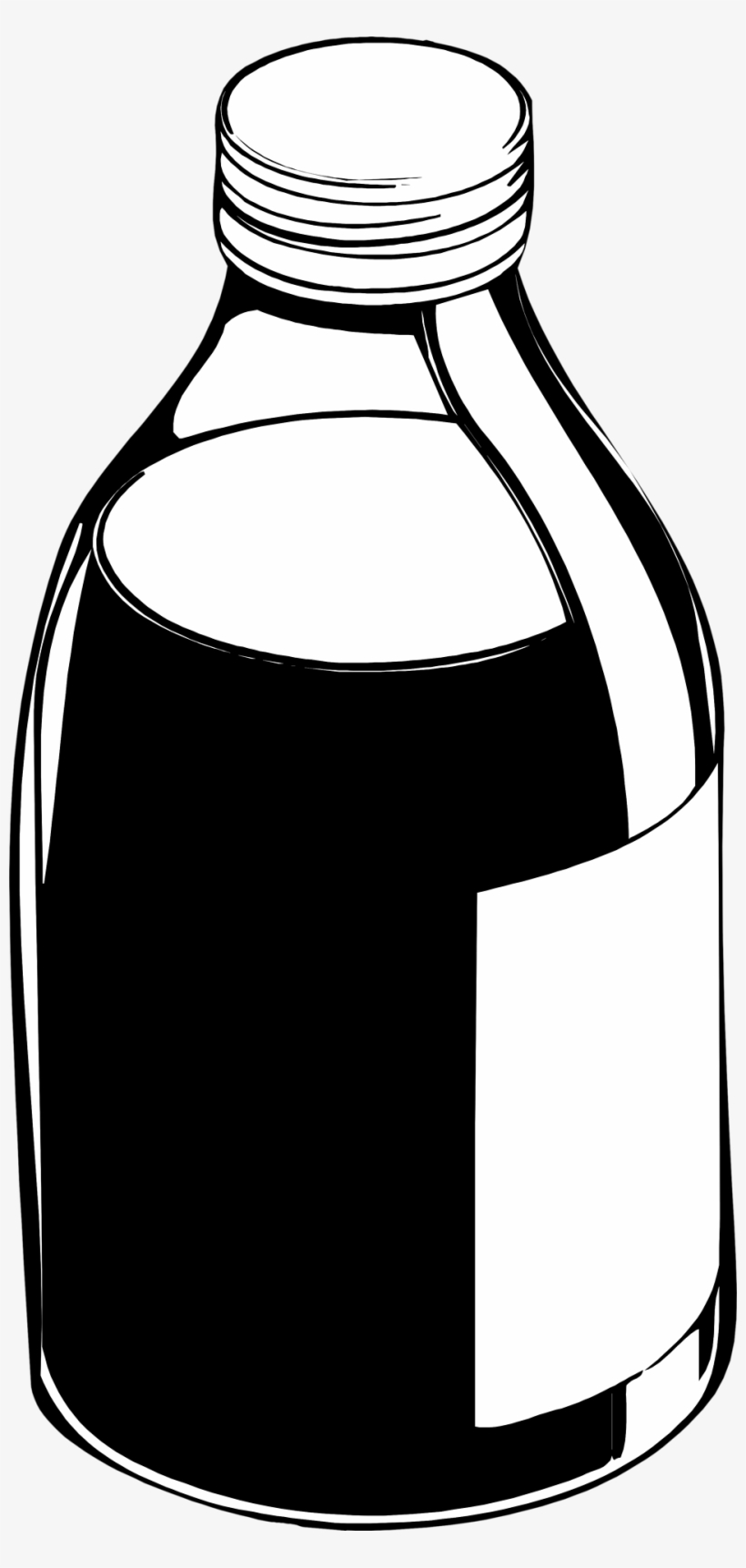 Black-and-white line drawing of a sealed glass bottle with label and liquid fill level.