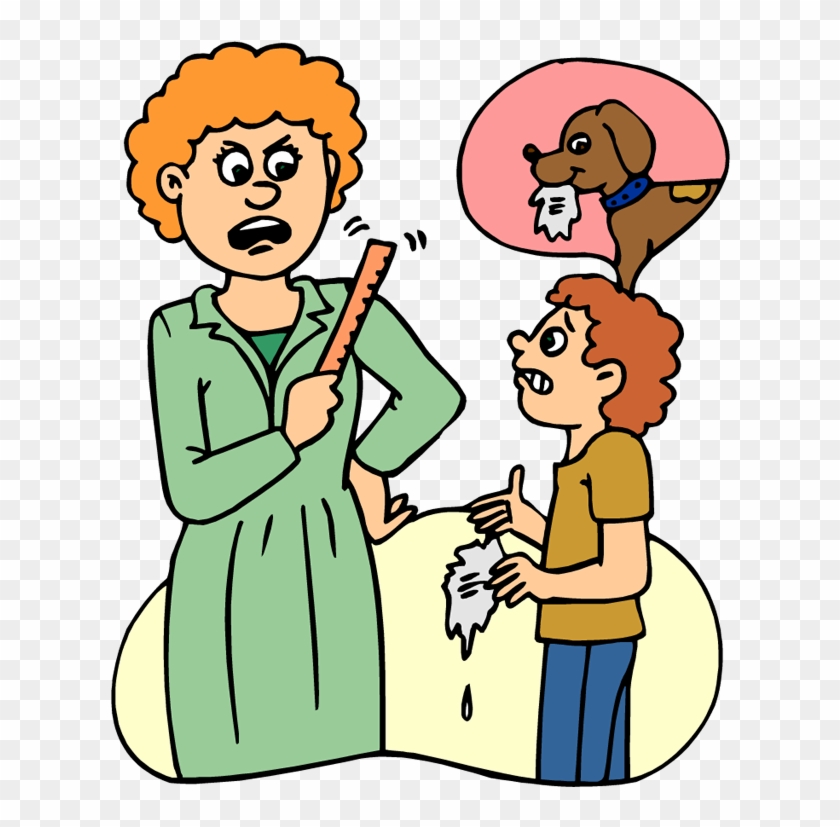 Angry woman scolding boy holding torn paper, with dog in thought bubble holding similar paper.