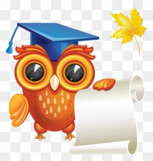 Cartoon owl wearing a graduation cap, holding a diploma scroll with a falling autumn leaf nearby.