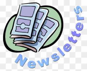 Stack of illustrated newsletters on a green circular background with "Newsletters" text curved below.