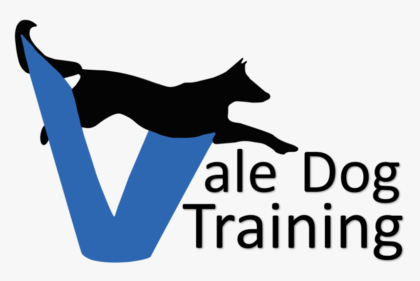 Black silhouette of a leaping dog integrated into a blue "V" logo for Vale Dog Training.