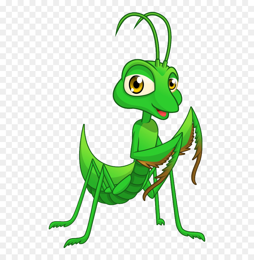 Friendly cartoon green praying mantis with large eyes and raised forelegs, smiling on transparent background.