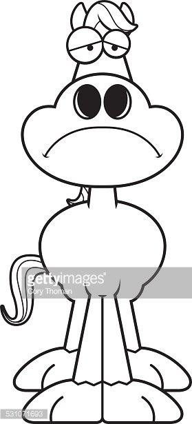 Sad cartoon horse with droopy eyes and a small pony on its head, black-and-white line art.