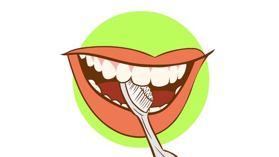 Cartoon illustration of a smiling mouth with white teeth and a toothbrush cleaning them, set against a green circle.