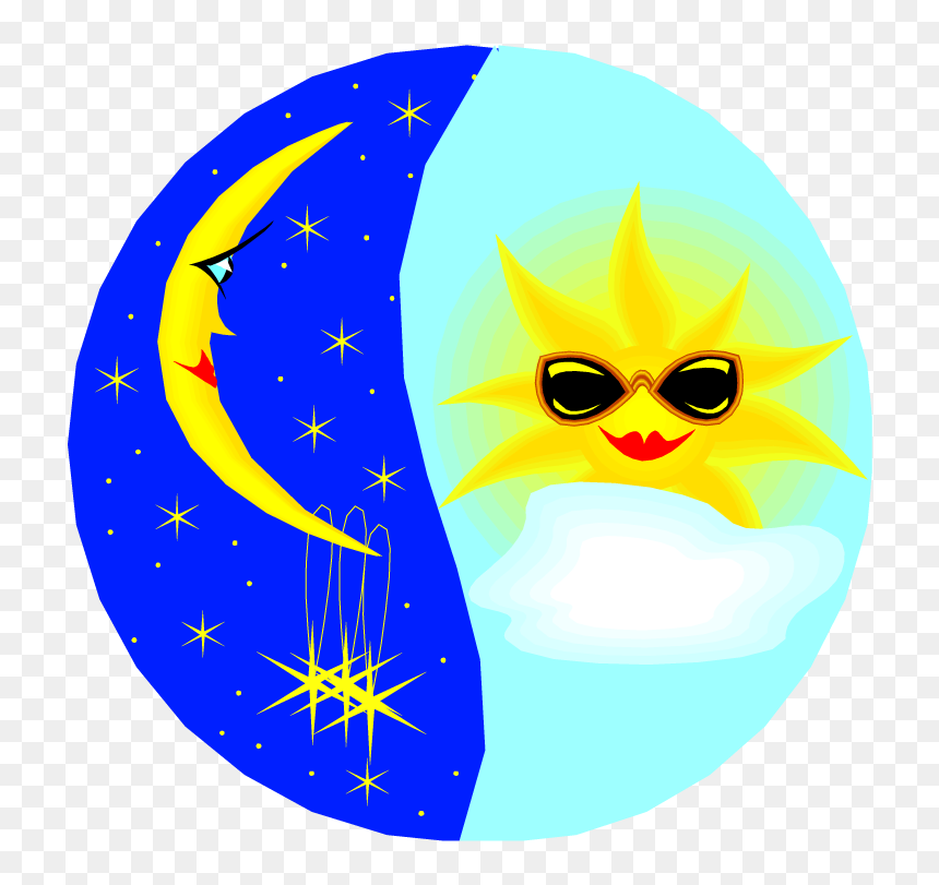 Smiling crescent moon with stars on blue night side, and cool sun wearing sunglasses behind a cloud, split-circle design.