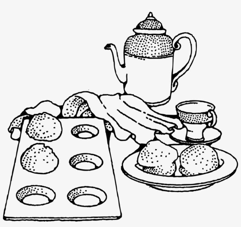 Black-and-white line drawing of a tea set with teapot, cup, saucer, cookies on a plate, and a baking tray with muffins or scones.