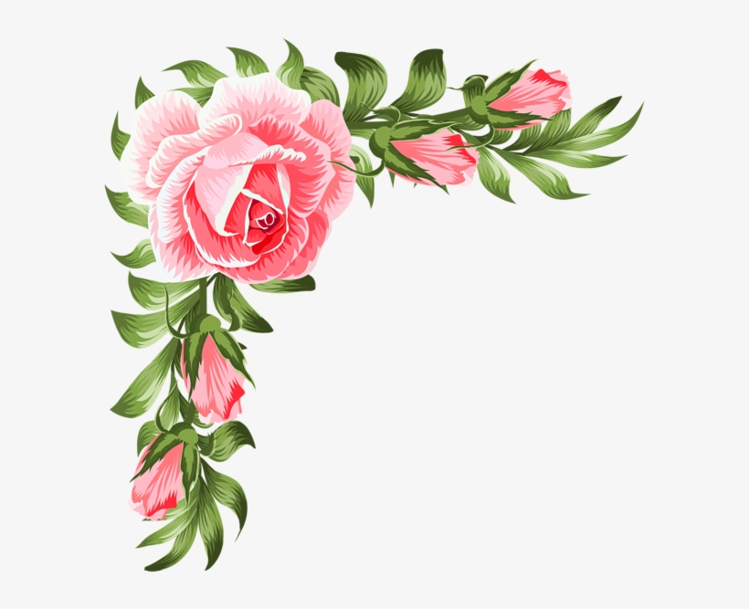 Pink rose floral corner decoration with green leaves and buds, vector-style illustration.