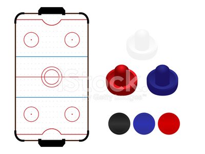 Air hockey table diagram with red, blue, black pucks and white, red, blue strikers on white background.