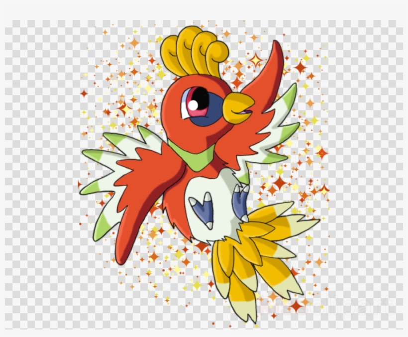 A vibrant cartoon phoenix with red, green, white, and yellow feathers, surrounded by sparkling stars on a transparent background.