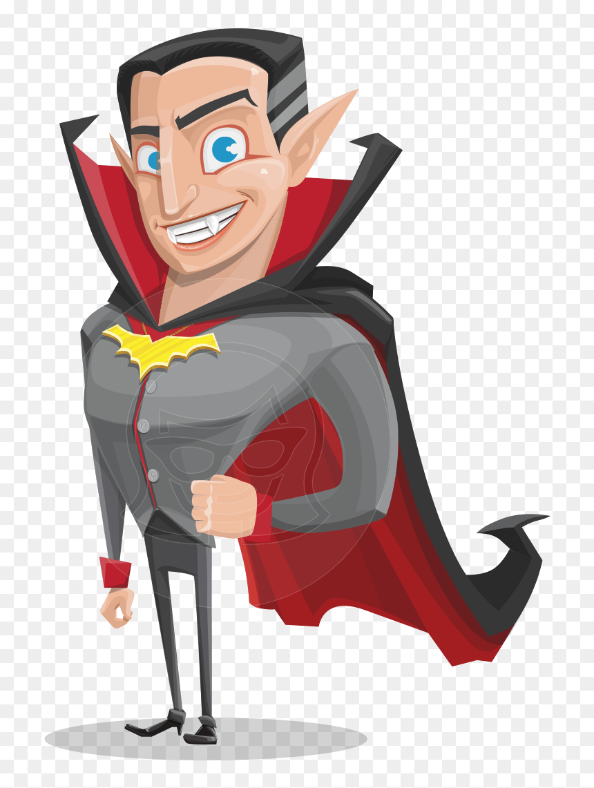 Cartoon vampire with pointy ears, fangs, red cape, and gray suit posing confidently.