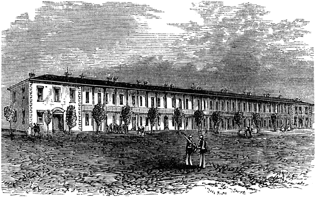 Historic 19th-century barracks building with soldiers and civilians in front, engraved illustration style.