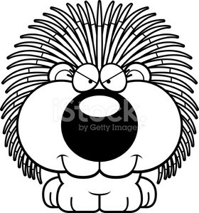 Angry cartoon porcupine with spiky quills, furrowed brows, and a large open mouth.