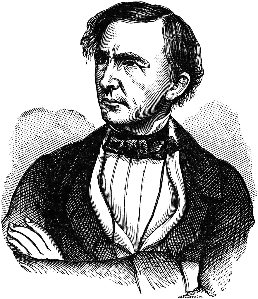Engraved portrait of a 19th-century man in formal attire with bow tie, arms crossed, looking thoughtfully to the side.