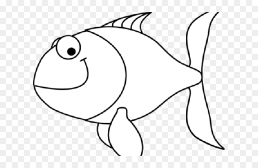 Simple black-and-white line drawing of a smiling cartoon fish with large eye and spiky dorsal fin.