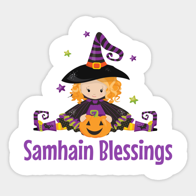 Cute cartoon witch with curly hair, striped hat, and pumpkin, celebrating Samhain Blessings with stars and purple accents.