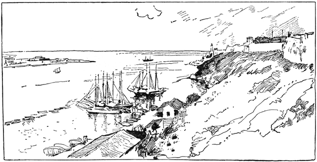 Vintage Harbor Sketch - Sailing Ships and Cliffside Village Illustration