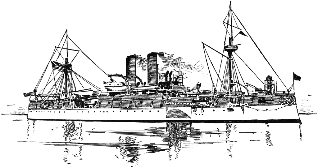 Black-and-white line drawing of a late 19th-century protected cruiser with twin funnels, masts, and naval guns on calm water.