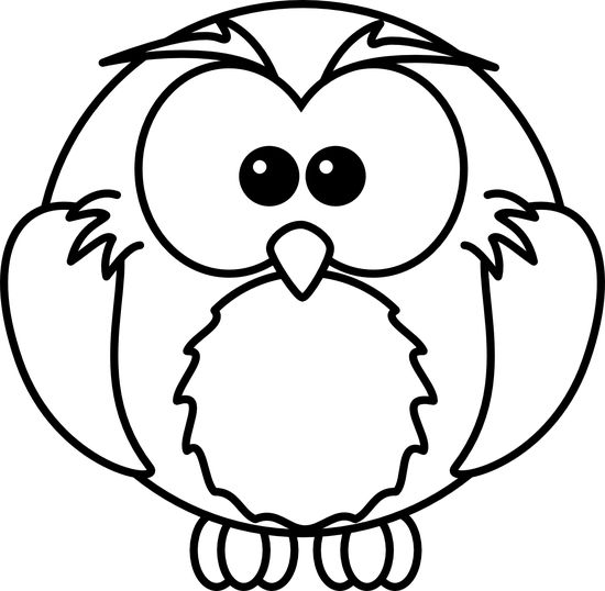 Cute cartoon owl with large eyes, fluffy chest, and raised wings, black-and-white line drawing for coloring or illustration.