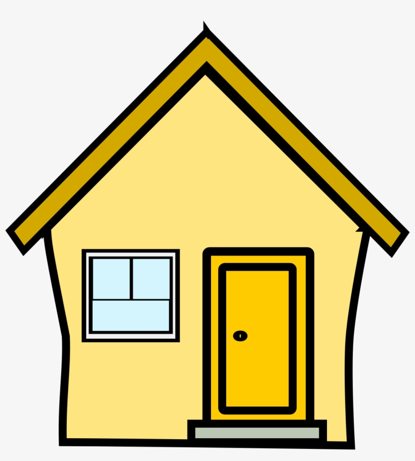 Simple yellow cartoon house with brown roof, blue window, and yellow door.