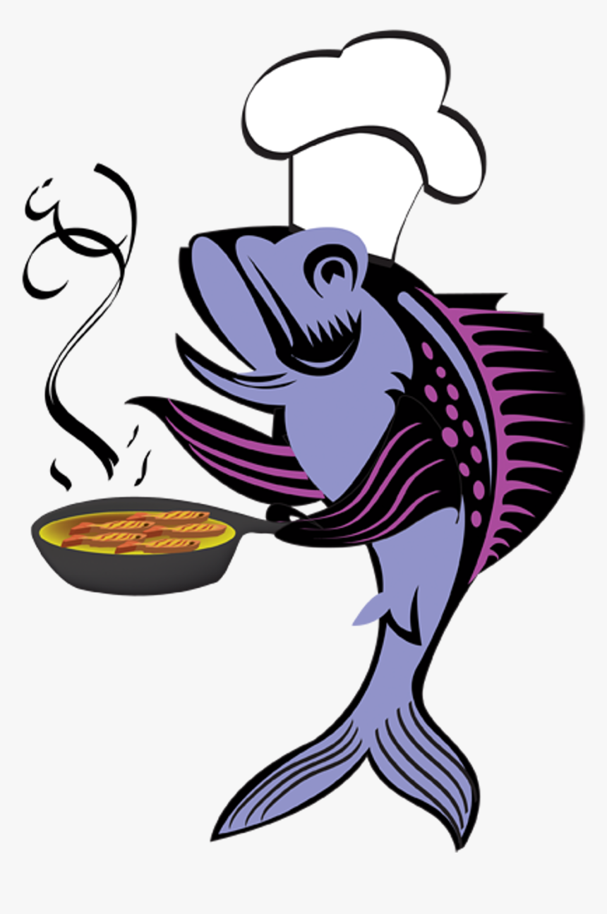 A cartoon fish wearing a chef's hat, holding a steaming pan of cooked fish fillets.