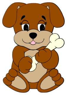 Cute cartoon brown puppy sitting and holding a white bone with big eyes and a smile.