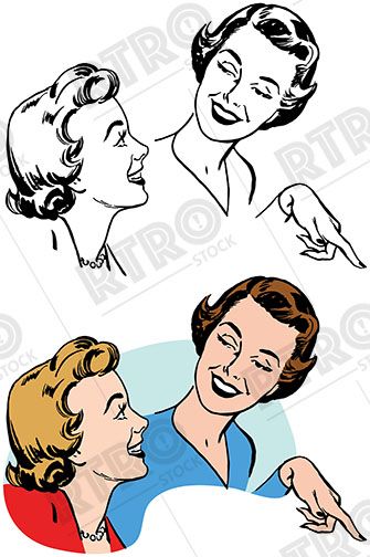 Vintage-style illustration of two women conversing and gesturing, one pointing while smiling warmly.