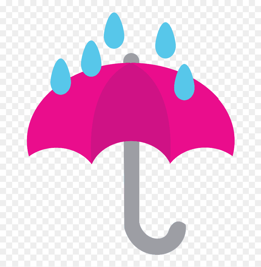Bright pink umbrella shielding from falling blue raindrops on transparent background.