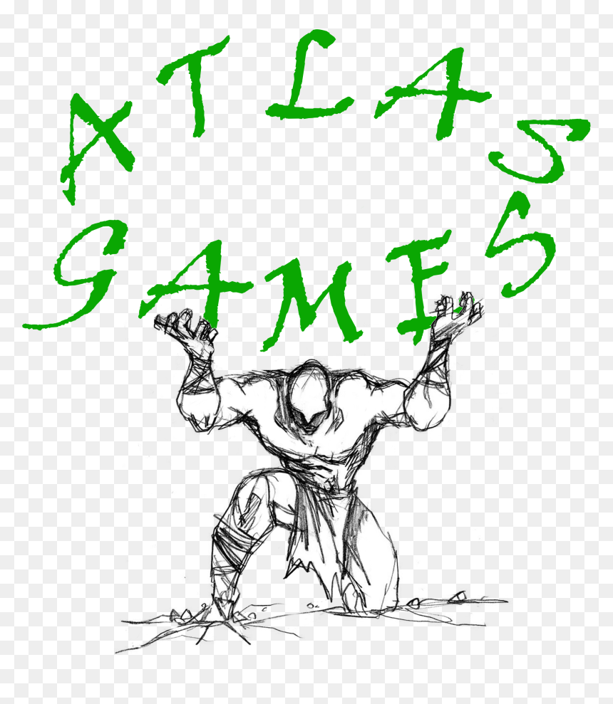Sketch of a muscular, hooded figure lifting the words "ATLAS GAMES" in green graffiti-style text above its head.