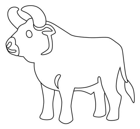 Simple line drawing of a buffalo with curved horns, standing in profile view.