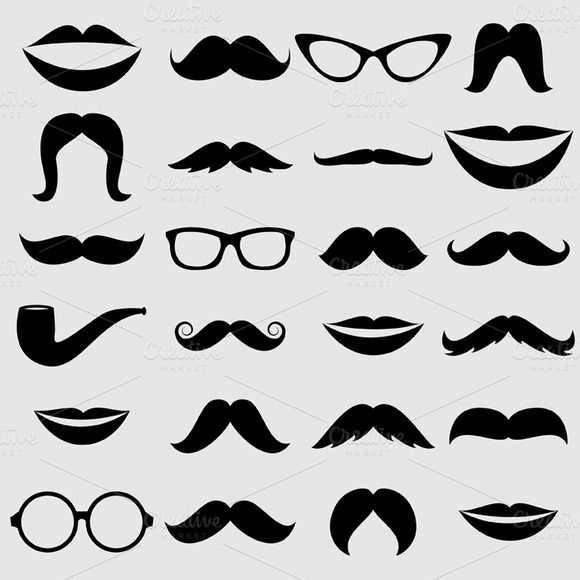 Collection of black silhouette icons including mustaches, lips, glasses, and a pipe on light gray background.