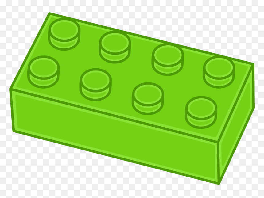 Bright green LEGO brick with eight studs, shown in isometric view on transparent background.