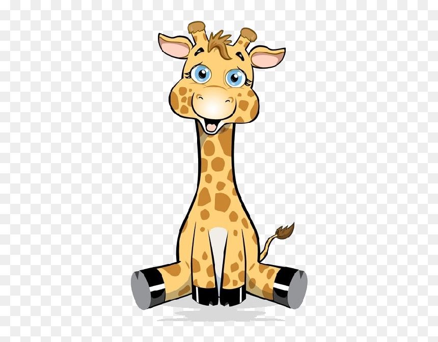 Cute cartoon giraffe sitting with big blue eyes and spotted coat on transparent background.