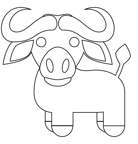 Simple black-and-white line drawing of a smiling cartoon buffalo with large horns and rounded body.