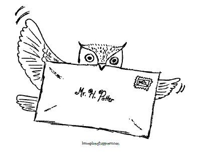 An illustrated owl delivering a letter addressed to "Mr. H. Potter" with outstretched wings and a determined expression.