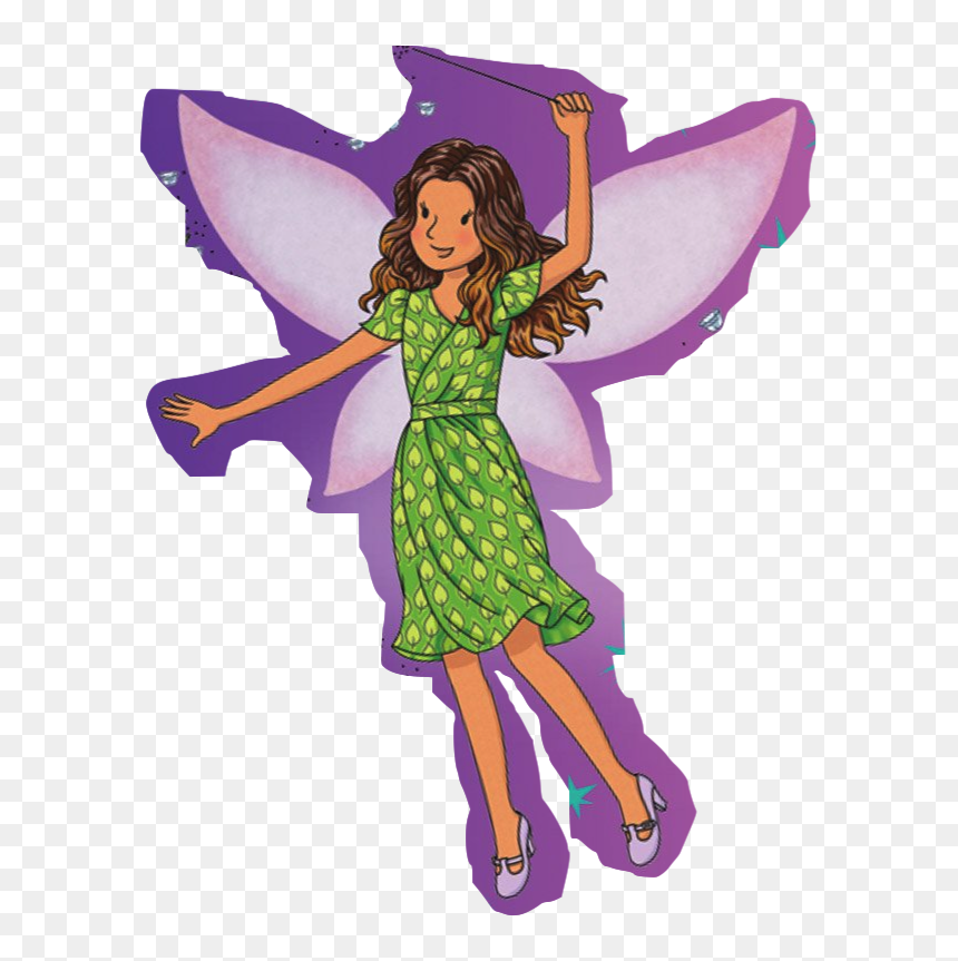 A smiling fairy with purple wings, brown wavy hair, and a green leaf-patterned dress, holding a wand mid-flight.
