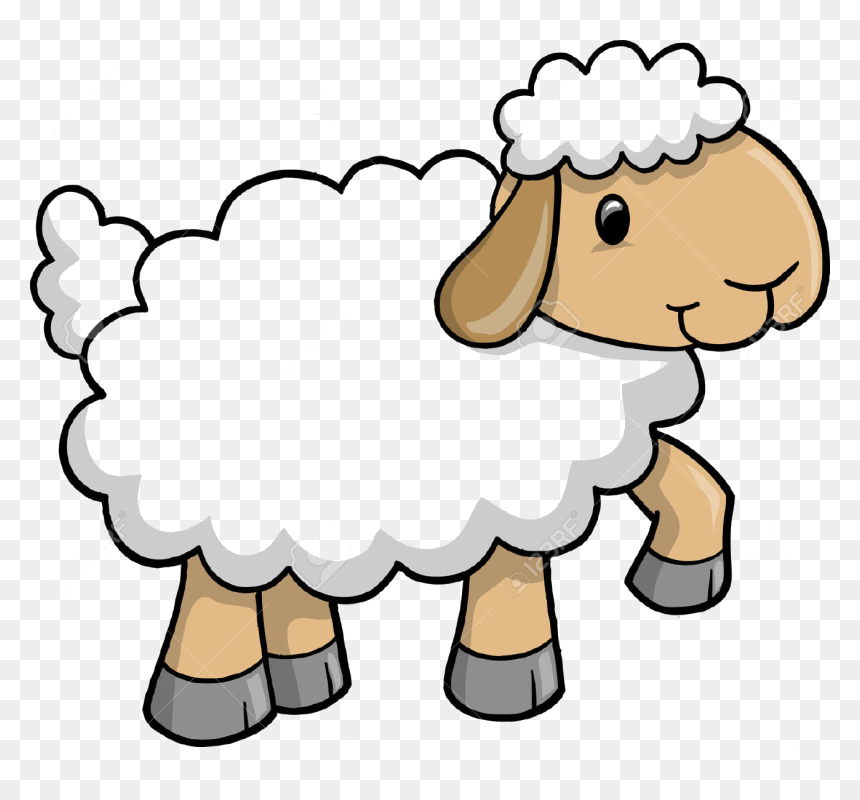 Cute cartoon sheep with fluffy white wool, tan face and legs, and gray hooves on transparent background.